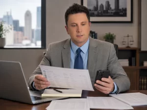 Raleigh sex crime lawyer reviewing digital evidence, phone records and case documents during an investigation